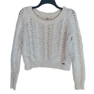 Hollister Chunky Cream Open Knit Crop Sweater Women's Size Medium Wool Blend